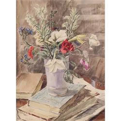 Percy Hague Jowett (British 1882-1955): Bouquet of Flowers on a Stack of Books, watercolou...