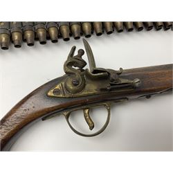 Leather covered swagger/sword stick with 40cm steel blade L62cm overall; another ash sword stick with 30cm diamond section steel blade; pair of fencing foils, the blades marked Solingen; two reproduction flintlock pistols; and 92cm inert cartridge belt (7)