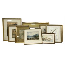 Two small 19th century watercolours of Scarborough, H Bennett 1906 coastal w/c in gilt frame, and six further watercolours (9)