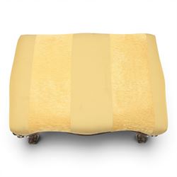 Victorian mahogany Cayley style footstool, serpentine upholstered seat raised on cabriole supports terminating in scroll feet