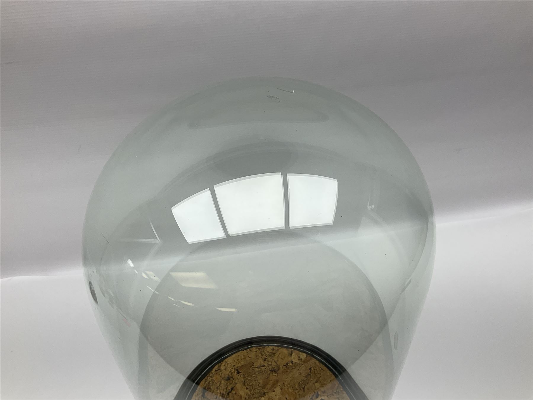 Large glass dome, upon a ebonised circular base, H48cm 