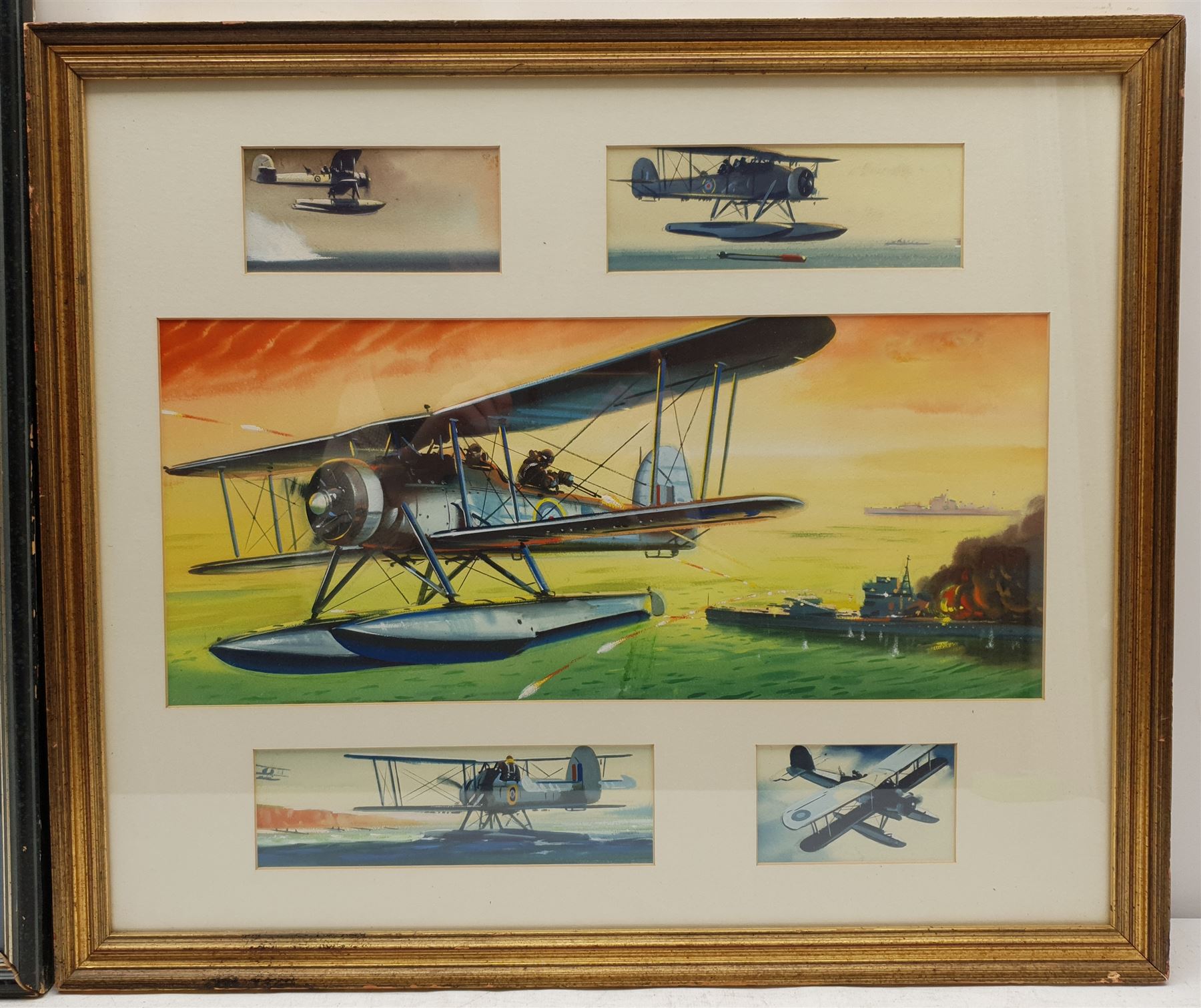 David L Marshall (British 20th century): AVRO Shackleton AEW.2, gouache signed 38cm x 56cm; English School (20th century): Biplanes, five watercolours heightened in white framed as one unsigned, largest 20cm x 45cm (2)