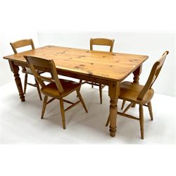 Rectangular pine country style kitchen table, turned supports (W182cm, H75cm, D91cm) and set four beech framed dining chairs (W43cm)