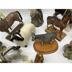 Beswick pigeon no 1383 and a collection of other ceramic animal figures including Campsie Ware lustre budgies, Kowa red fox and Labrador, two shire ponies, two sheep, etc 