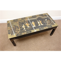  Chinese black lacquered rectangular coffee table, four square supports, W107cm, H42cm, D51cm   