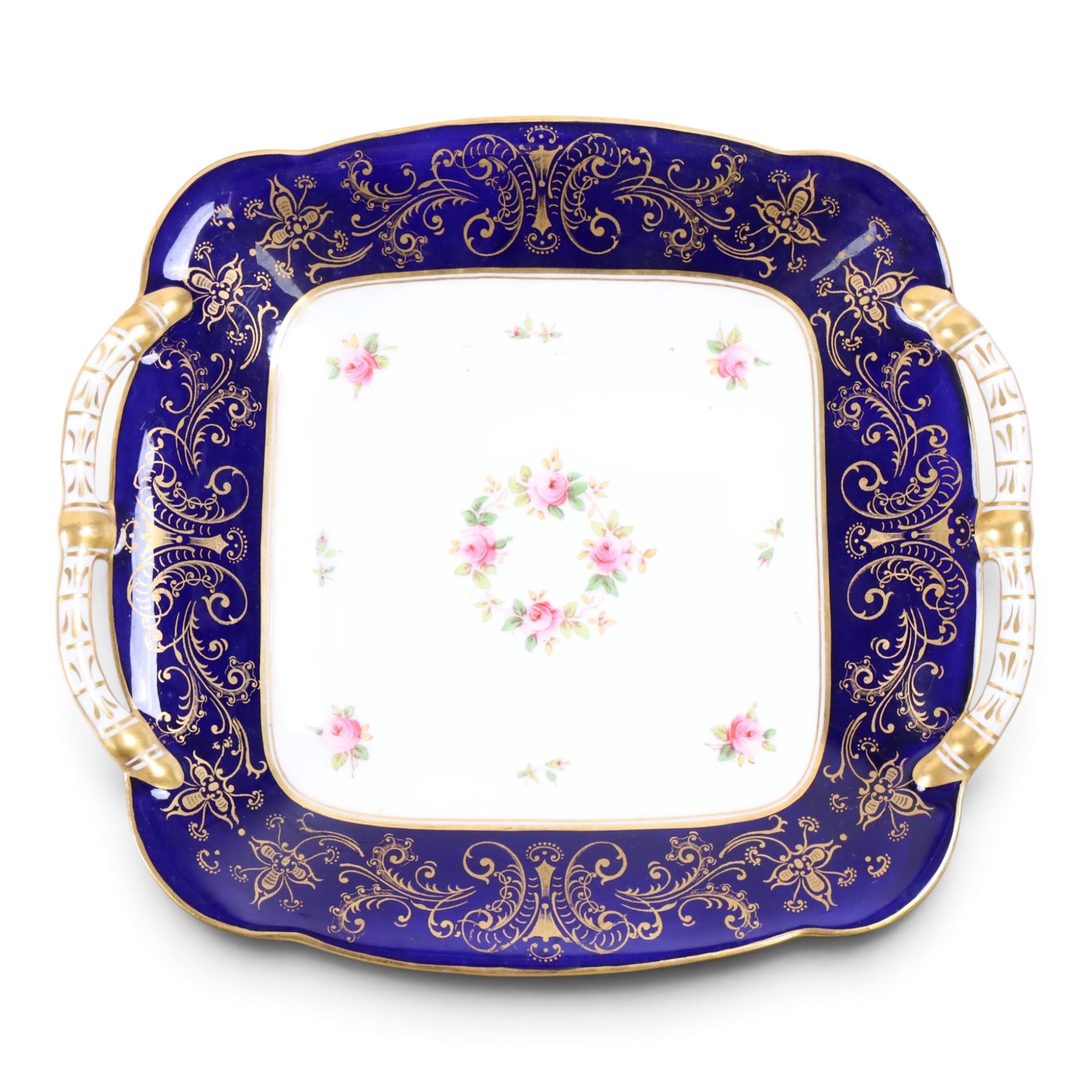 Coalport set of ten plates and four serving plates, each decorated with floral sprigs within a cobalt blue boarder with gilt detail, plates D22cm