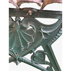 Coalbrookdale - Lily Pad design cast iron an wood slatted garden bench, late 19th century Aesthetic Movement, no. 217569, painted in green with iron centre support and seat stretcher, hardwood slatted