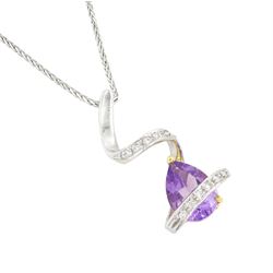 18ct white and yellow gold pear cut amethyst and round brilliant cut diamond pendant, on 18ct white gold foxtail link chain necklace