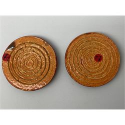 Henry George Murphy (1884-1939), collection of seven Arts & Crafts glazed ceramic roundels, of circular and oval form, five in tones of red and brown and two in tones of blue, turquoise and green in soufflé and high fired finishes, largest example D6.5cm