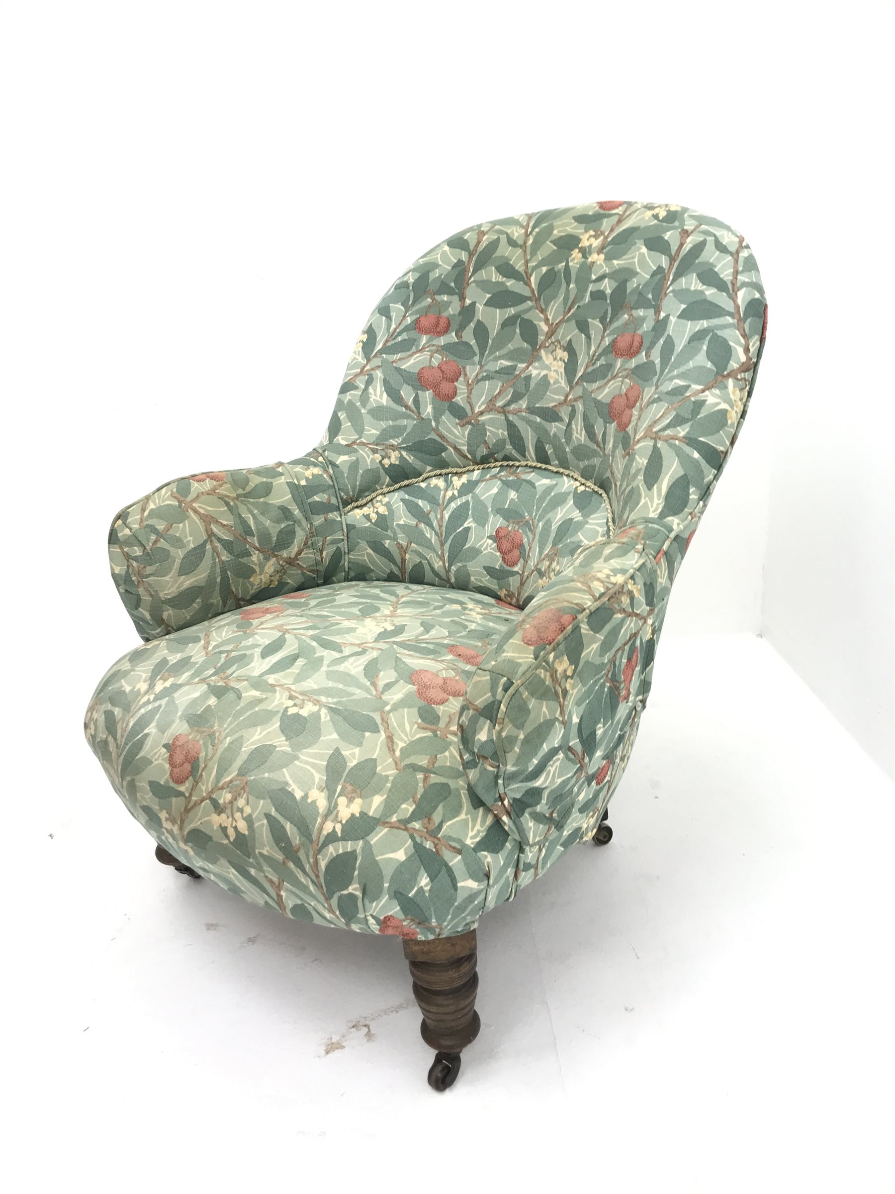 Victorian nursing chair upholstered in a Sanderson William Morris fabric Arbutus, turned supports, W73cm