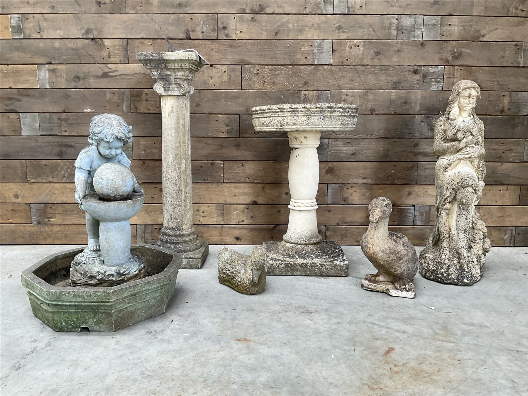 Cast stone circular bird bath, cast stone sun dial, garden figure, ducks, composite water feature