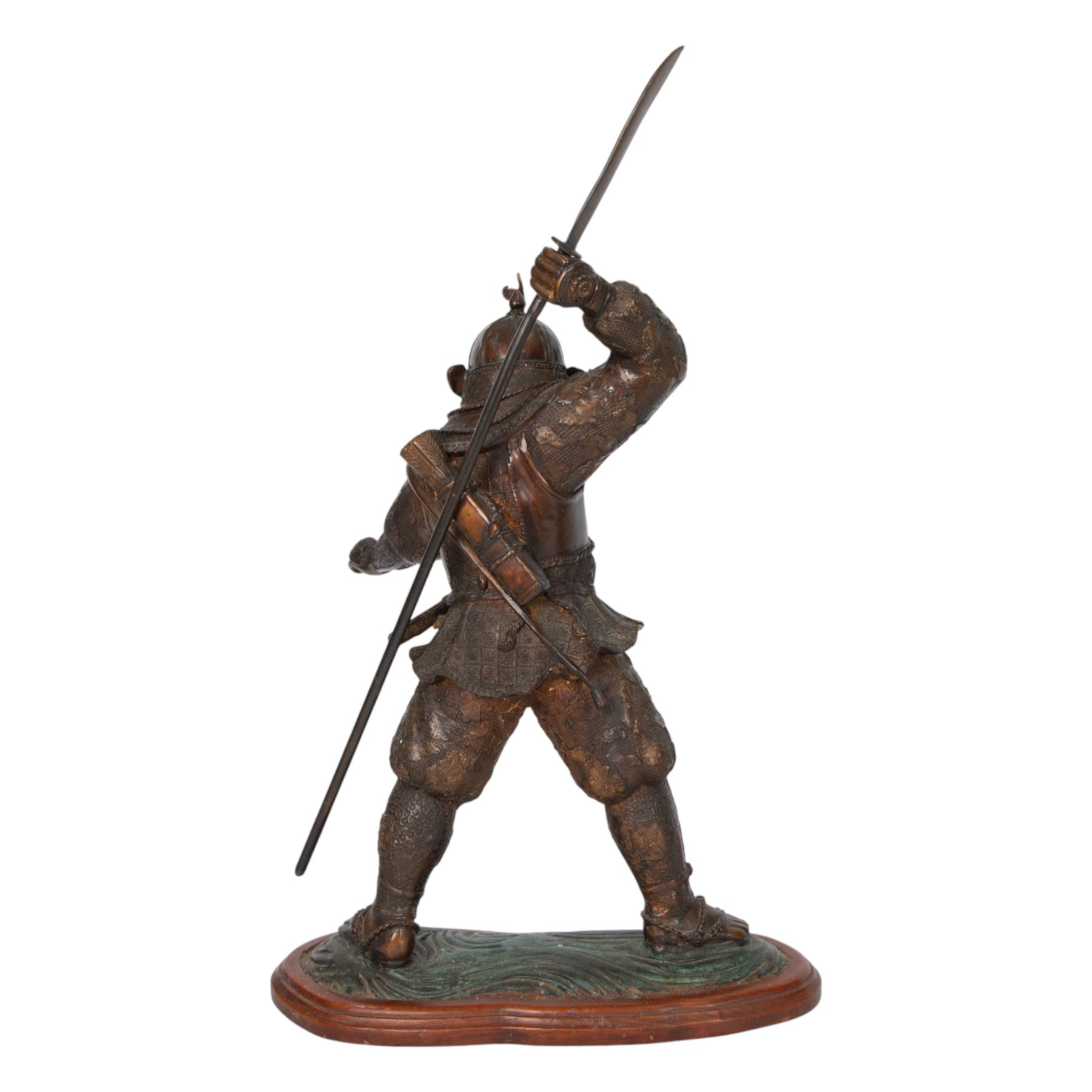Japanese bronze of a Samurai, possibly Meiji period, standing holding spear, on a wave form base, H72cm