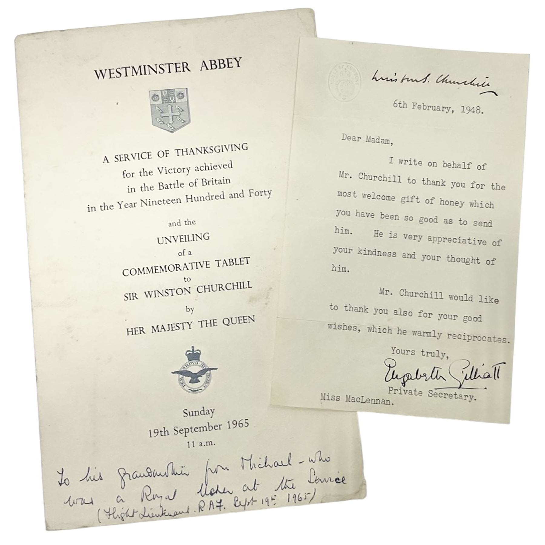 CHURCHILL WINSTON S.: (1874-1965) British Prime Minister 1940-45, 1951-55. Nobel Prize winner for Literature, 1953; post-WW2 T.L.S., to Miss Maclellan from Elizabeth Gilliatt Private Secretary thanking her on behalf of Churchill 