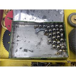Meccano Outfit No.9 - with good quantity of red and green plates, strips, wheels, brackets, trunnions, tyres, cylinders etc; original box with lift-out tray and instruction manual