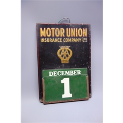 AA Motor Union Insurance Company Limited embossed tin perpetual calendar, complete with green date inserts, H33cm x W23cm   