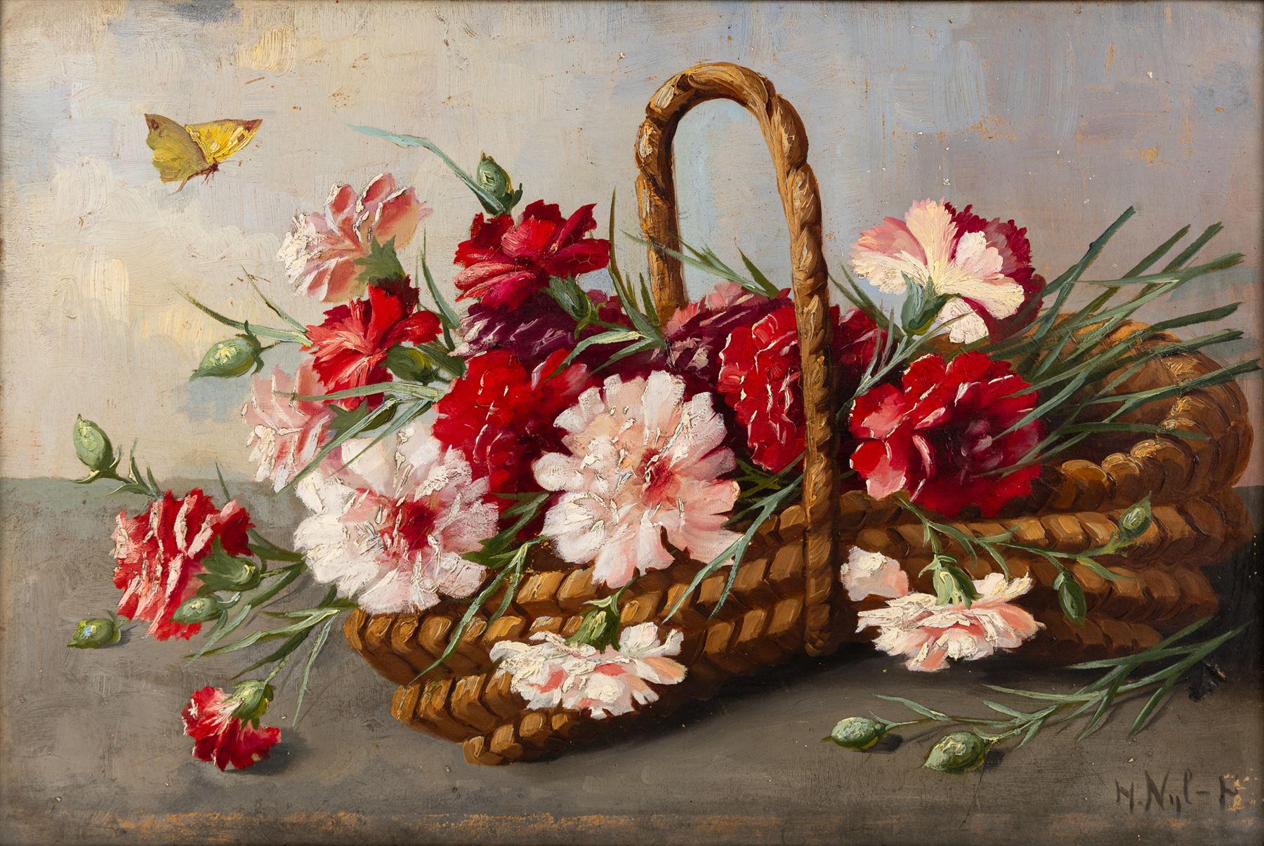 Marie Nyl-Frosch (German 1857-1914): Still Life of Flowers in a Basket, oil on board signed 31cm x 46cm