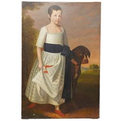English School (Late 18th/Early 19th century): Full Length Portrait of a Boy in a Dress Holding Cherries with a Large Pointer Dog, large oil on canvas unsigned 113cm x 76cm (unframed)