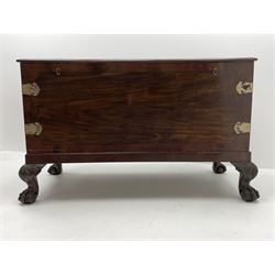 19th century camphor wood and mahogany silver chest, the hinged banded top with circular brass mounts which secure the interior strap hinges, fretwork metal strapping to the corners, on stand with plain frieze and acanthus carved cabriole ball and claw feet