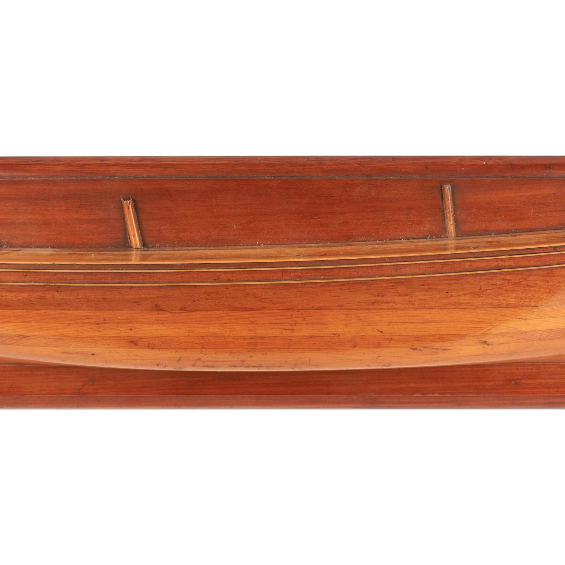 20th century mahogany and pine half-block hull model of a two masted ship, H28cm, W110cm