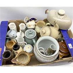 Collection of ceramics, including Denby urn, Denby hot water bottle, Royal Doulton jug 3647, a selection of teapots, etc
