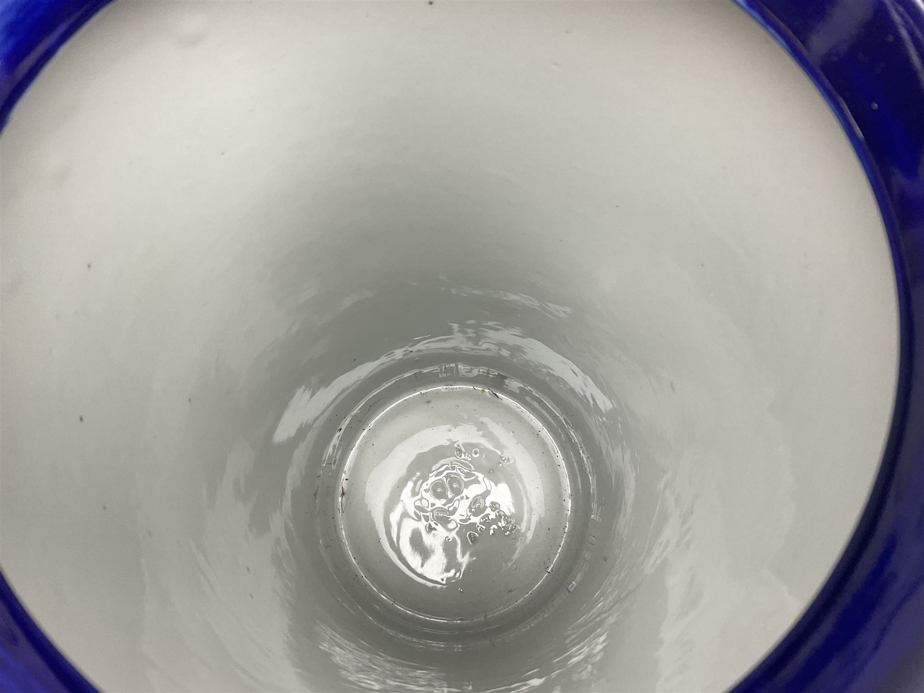 Victoria Ware blue and white umbrella stand, decorated with transfer print decorated with city scape, H43cm