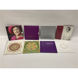 The Royal Mint United Kingdom 'Millennium' silver proof two coin set comprising 1999 and 2000 five pound coins, 2000 'The Queen Mother Centenary Year' silver proof crown, 2001silver proof one pound, 'Her Majesty The Queen Golden Jubilee 1952-2002' silver proof 2002 five pound coin and ten pound banknote set, all being cased with certificates, United Kingdom 1999 brilliant uncirculated coin collection in card folder, other commemorative coinage etc