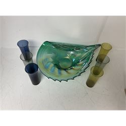 Large green studio glass conch shell bowl, with lustre finish, together with six coloured glasses, bowl W44cm