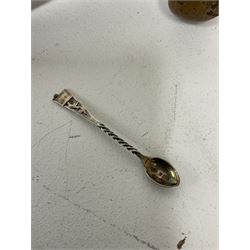 Quantity of mid 19th century and later photographs to include cartes des visites,  together with a small oval mirror, early 20th century clock, Bakelite cigarettes box, three hallmarked silver spoons, pair of Georgian spectacles with extending arms, silver and gold Plated reproduction icon, other silver plate and metal ware etc