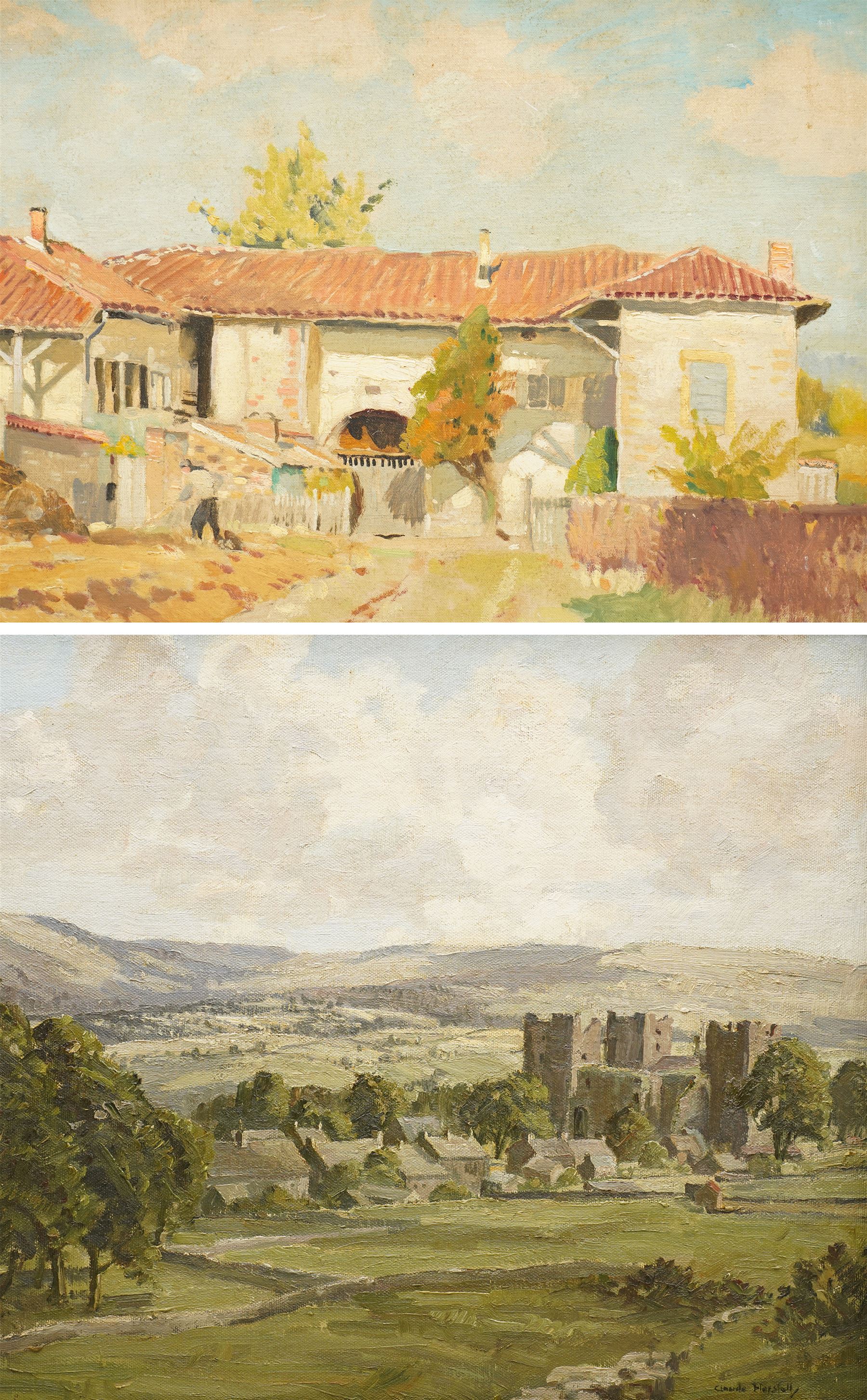 Claude Horsfall (British 1907-2003): 'Castle Bolton - Wensleydale', oil on board signed, titled verso 39cm x 44cm; English School (20th century): Continental Farm, oil on board unsigned 27cm x 37cm (2)