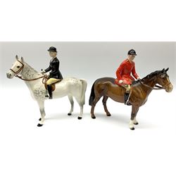 Beswick model of a huntswoman on grey horse model no 1730, and Beswick huntsman on brown horse model no 1501, both with printed mark beneath. 