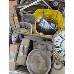 Collection of clock parts and accessories, including movement, faces, dials, tools, brass fittings, etc, in three boxes