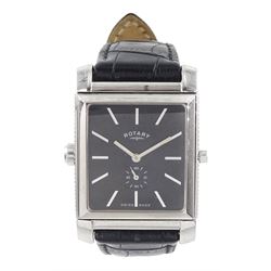 Rotary Revelation reversible night and day gentleman's stainless steel quartz wristwatch, silvered dial with Roman numerals, reversing to a second black dial with baton hour markers, both with subsidiary seconds dials, on original black leather strap, with fold-over clasp, boxed with guarantee dated 2008