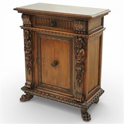 19th century Italian walnut Renaissance Revival side cabinet, the moulded rectangular top above a frieze drawer carved with vertical fluting and a central rosette, with egg-and-dart moulded rails to the top and base, acanthus-carved corbels below, the panelled cupboard door framed by beading and guilloche ornament, flanked by carved caryatids modelled as classical female architectural supports with foliate terminals, raised on paw feet
