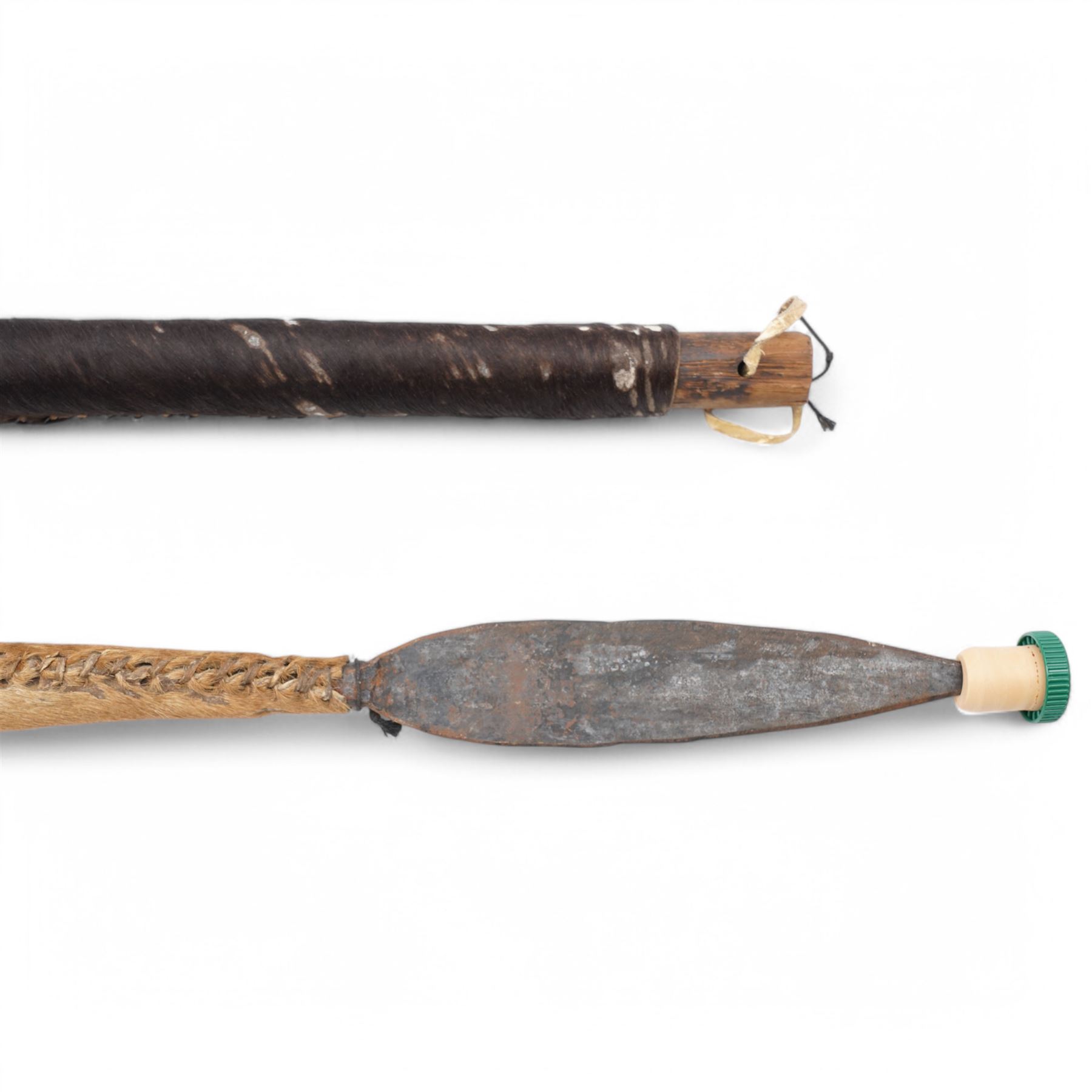 20th century African Zulu knobkerrie with beadwork decoration L79cm and a spear with similar beadwork decoration L96cm (2)