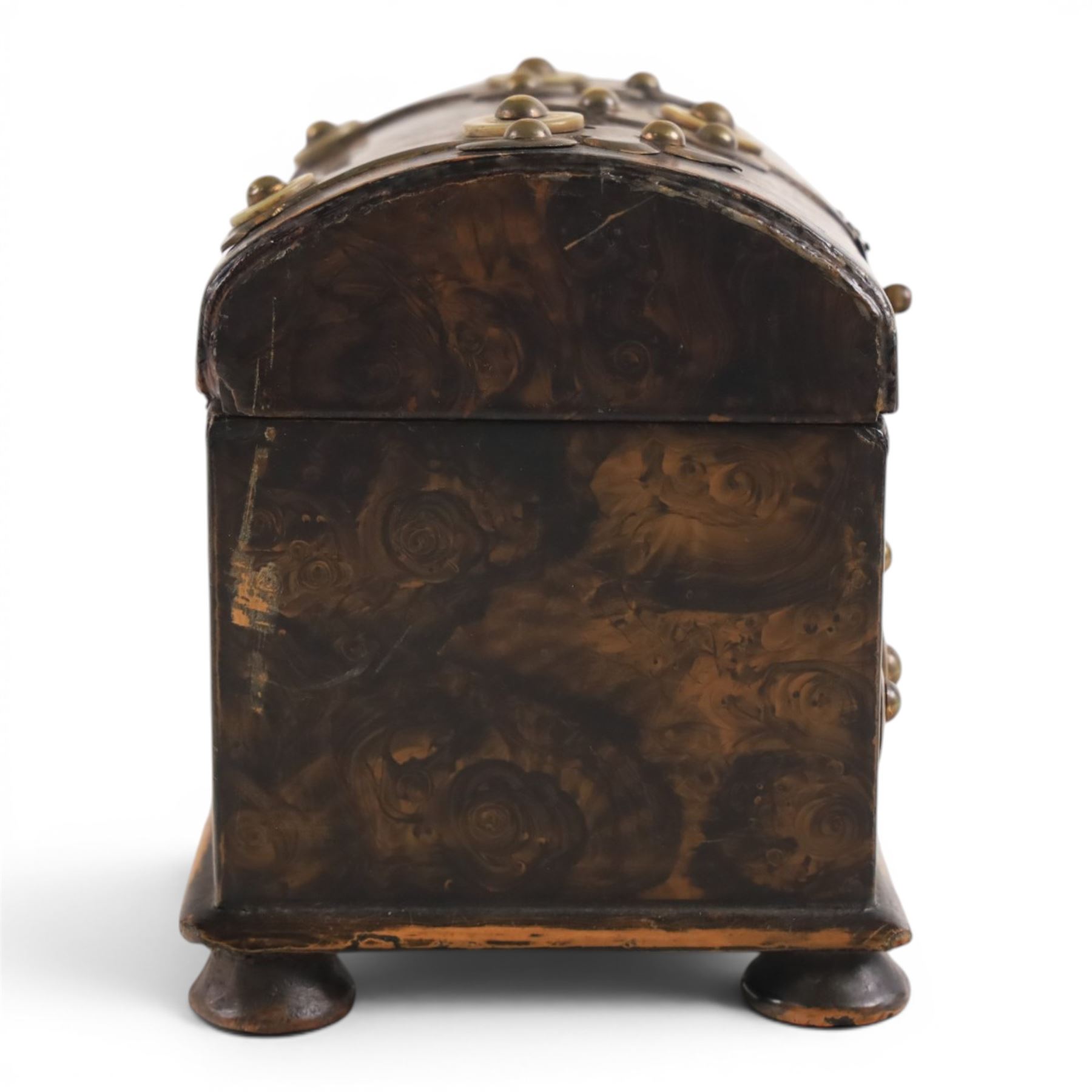 19th century tea caddy, with enhanced woodgrain design,  with brass and mother of pearl mounts, H13cm, L16cm