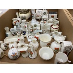 Collection of crested ware, to include Scarborough Willow Art coal truck, Whitby Willow Art Burns and Highland Mary figure group, Carlton China beer drinker 'Tak Hod an Sup Lad', and 'Here's ta me an'ma wife's usban', lighthouse, boat, Kingsway Art China Sir Walter Scott's Chair, butter dishes, candlestick, pianos etc