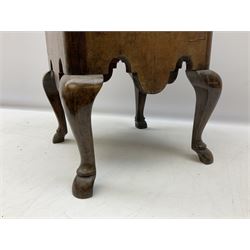 Queen Anne style figured walnut square jardiniere, shaped frieze on cabriole legs with hoof feet, original liner, H40cm