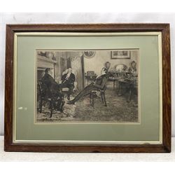 After Walter Dendy Sadler (British 1854-1923): Gentlemen Discussing Business, pair of oak framed etchings pub c1900 40cm x 51cm (2)