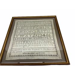 Early Victorian sampler, worked by Ellen Hooker, dated April 1843, depicting lines of alphabet above a short verse 'Remember now thy creator in the days of thy youth', within a key fret border, framed and glazed, overall H39cm L37cm 