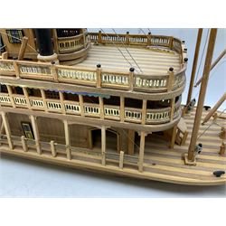 Hand built model of a river paddle steamer 'King of the Mississippi' and a sailing ship with three masts and unfurled sails, largest example H80cm, L101cm