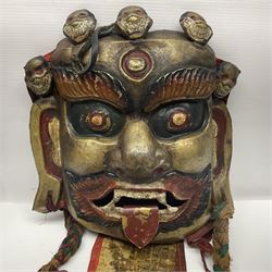Tibetan mask wall hanging, together with a bronze incense burner, lidded dishes and other tibetan items, mask H28cm