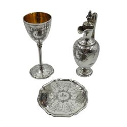 Victorian silver travelling communion set by Blunt, Wray & Co, London 1888, approx 7.4oz, in fitted velvet lined tooled leather case with cartouche inscribed 'Presented to the Rev M Jones... by the congregation of St.George's Church Tredegar on his leaving the Curacy for Brecon Dec 10th 1889'