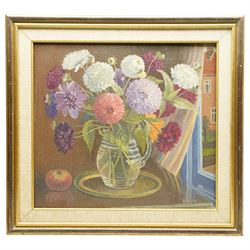 Rita Busby (British 20th century): Still Life of Flowers in a Vase, double-sided oil on board signed 40cm x 50cm; R Wyatt (British 1945-): Still Life of Chrysanthemums by the Window, oil on board signed 45cm x 50cm (2)
