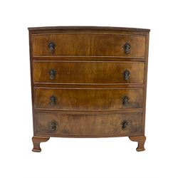 20th century walnut bow front chest, fitted with four drawers, on ogee bracket feet