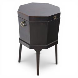 George III mahogany cellarette, of octagonal form with hinged top, brass handles and hinges, raised upon tapering supports