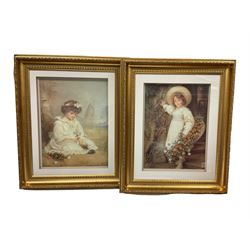 Antique style tapestry, cross-stitch of London, two further embroideries, and two floral box prints of children (6)