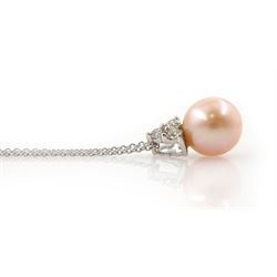 9ct white gold cultured pink / peach pearl and round brilliant cut diamond pendant necklace, stamped 375