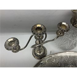 Glass claret jug, with silver plated top, together with other silver plate, to include pair of candelabras and tray with claw feet, jug H30