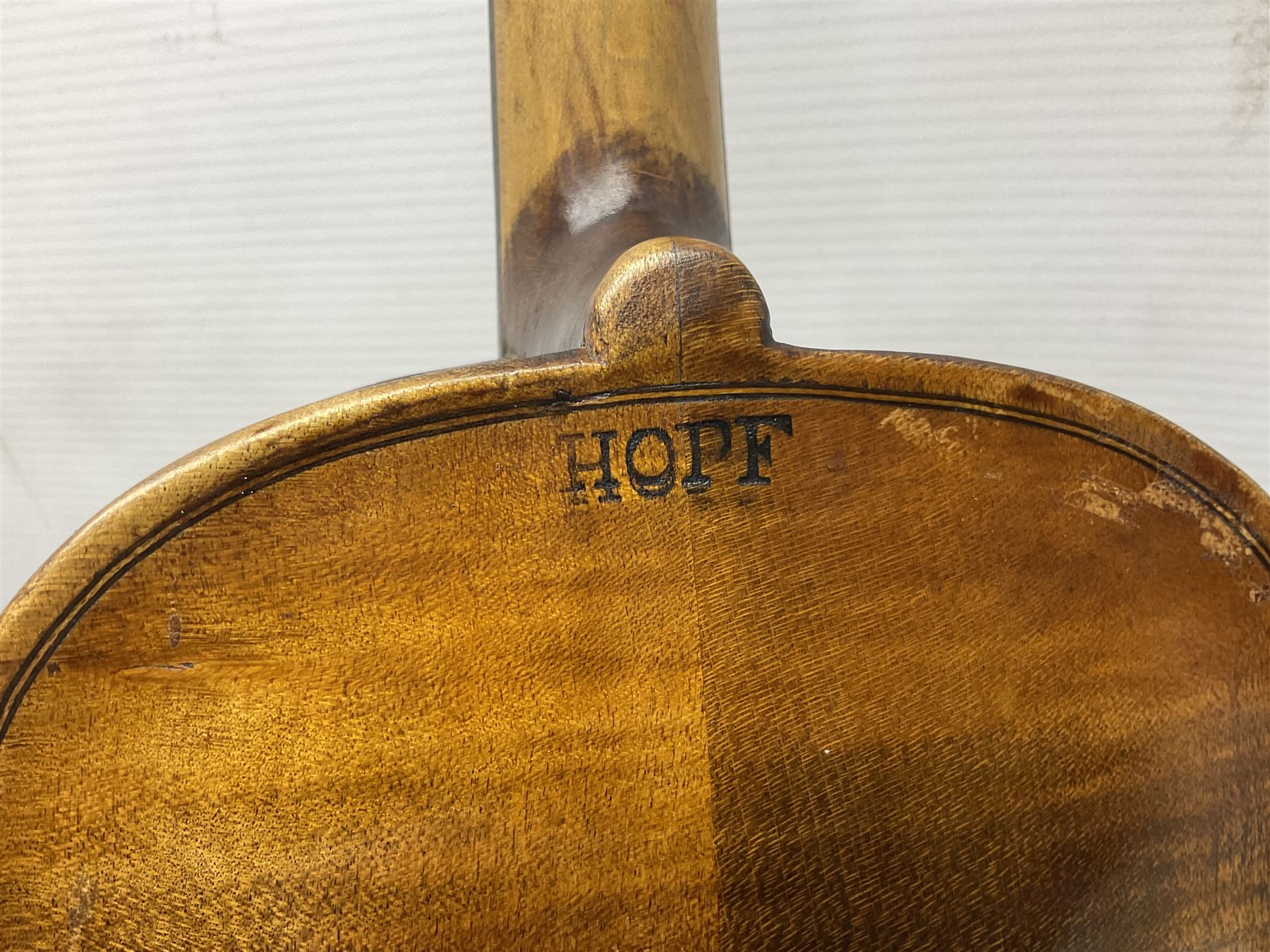 German Hopf violin c1900 with 35.5cm two-piece maple back impressed HOPF, maple ribs and spruce top, also marked HOPF internally L58.5cm overall; in Maidstone ebonised wooden coffin case with bow
