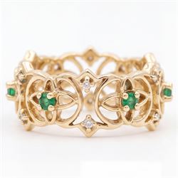 14ct gold emerald and diamond Celtic design full eternity ring by Franklin Mint, London import mark